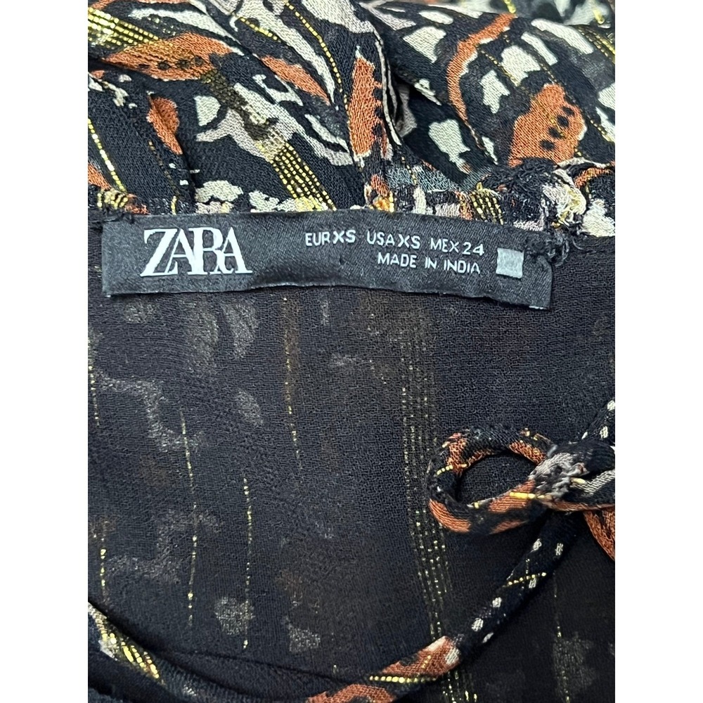 ZARA Maxi Dress Womens XS Black Brown Gold Metallic Paisley Boho Ruffle Tassel - Picture 2 of 10